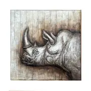 Pallet Wood Oil Painting Hand Painted Abstract Animals Metal Wall Art - Metallic Rhinoceros (109cm x 109cm)