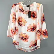 Gibson Ruffle Neck Floral Pleated Top Blouse XS Layered Lined Peach Beige NWT