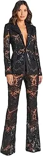 [HEYDHSDC] Women's Lace 2 Piece Set Sexy V Neck Long Sleeve Sequin Blazer Flare Pants Set