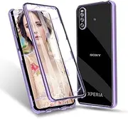 Case for Sony Xperia 1 V, Magnetic Metal Frame Mobile Phone Case 360 Degree Full Body Front Back Tempered Glass Protective Case One Piece Ultra Thin Flip Transparent Cover Purple