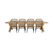 Reclaimed Teak Cross Leg Dining Table 320cm with 8 Deck Wicker Dining