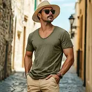 Men's Linen-like T Shirt Moisture Wicking Shirts Plain V Neck Street Causal Short Sleeve V Neck Vintage Clothing Apparel Retro Basic Casual Comfortable
