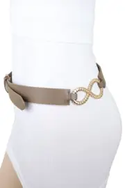 Women Brown Taupe Faux Leather Street Wear Belt Gold Metal Infinity Charm S M