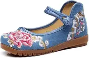 [Gikleihwy] Floral Embroidered Shoes for Women Chinese Traditional Ankle Strap Round Toe Platform Wedges Shoes Handmade Ballet Canvas Hanfu Shoes(Blue,5.5 US)