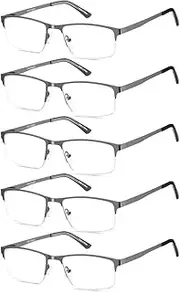 Eyecedar 5-Pack Reading Glasses Men Metal Frame Spring Hinges Rectangle Style Stainless Steel Material Readers +1.50