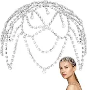 [GORGECRAFT] 1920s Crystal Cap Headpiece Flower Rhinestone Head Chain Golden Roaring 20s Great Gatsby Hair Accessories Hair Chain Hat for Bridal Cosplay Halloween Art Decor Party (with 2Pcs Hair Clip)