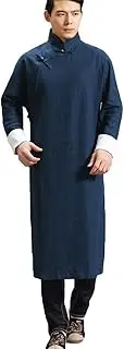 [She likes] Men’s Chinese Traditional Kungfu Tai Chi Cheongsam Suit Mandarin Cotton Linen Martial Arts Uniforms Long Shirt , Navy Blue, Medium