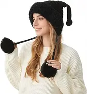 [Huakunda] Women's Winter Hat Windproof Warm Knitted Hat Plush Thick Soft Knitted Hats Pompom Beanie Cute Ear Hat, black, One size
