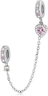 [Teleye] Heart Safety Chain Charm 925 Sterling Silver Charm Fits For Pandora Bracelet, European Charms Bracelet, Women Gift, Silver, zircon gemstone
