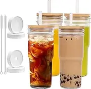 Forhaodejia Glass Cups with Lids and Straws,24 oz Smoothie Cup,Reusable Iced Coffee Cups Glass,Boba Cups,4 Pack Mason Jar Cups with Bamboo Lid and Straws