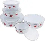 Zerodeko Universal Enamel Mixing Bowl with Plastic Lid, Set of 5, Salad Bowl Reusable Fruit Bowls Food Storage Containers Strawberry Pattern for Kitchen