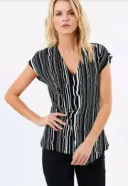 SABA black white blouse top geometric stripes zip assymetric size 4 S BNWT