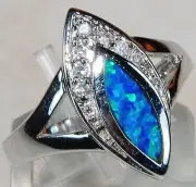 Australian Opal Inlay & White Topaz 925 Solid Sterling Silver Ring Sz 7 BP682