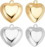 Beebeecraft 10Pcs 2 Colors Puffy Heart Charms 18K Gold & 925 Sterling Silver Plated Dangle Love Charm for Jewelry Making Pendant Necklace Earring Valentine