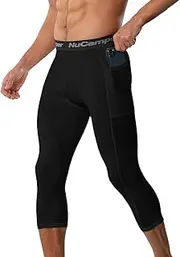 [NuCamper] Men's 3/4 Compression Pants with Pocket Cool Dry Athletic Leggings Workout Capri Tights Running Base Layer Bottoms