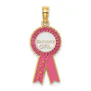 14K Yellow Gold Enamel Birthday Girl Pink Ribbon Charm