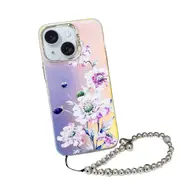 For Iphone 15 Electroplating Laser Flower Phone Case With Wrist Strap
