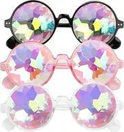 E-More Kaleidoscope Glasses, 3 Pack Festival Rave Rainbow Sunglasses, Crystal Lenses, Multicolor Fractal Prism Glasses Party Fancy Dress Costume, 3 Colors (White + Pink + Black)