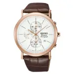 【SEIKO 精工】PREMIER 三眼計時男錶 皮革錶帶 白 藍寶石玻璃鏡面 防水100米(SNAF82P1)