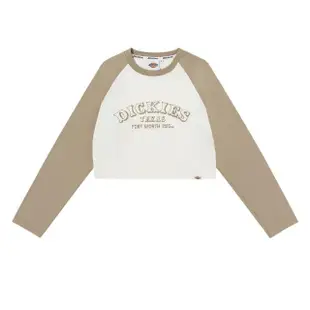 【Dickies】女款奶油色純棉撞色拼接短版長袖T恤｜DK012338C10