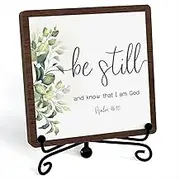 Inspirational Christian Desk Decor, Be Still And Know That I Am God Sign, Desk Decorations For Office Home Living Room Bathroom, Eucalyptus Shelf Decor, Wooden Plaque With Stand (C10)