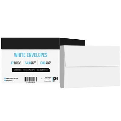 A7 Envelopes, 5 1/4 x 7 1/4, 24lb (90gsm), White, Gummed Square Flap, 1000 Qty