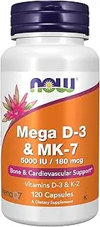 NOW Supplements, Mega D-3 & MK-7, 5000 IU / 180 mcg, Bone & Cardiovascular Support*, Vitamins K-3 & K-2, 120 Capsules