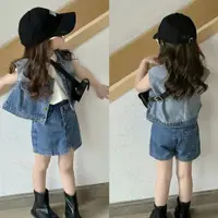 在飛比找蝦皮商城精選優惠-韓國童裝 女童套裝 兒童韓版牛仔套裝 春夏新款牛仔馬甲+短褲
