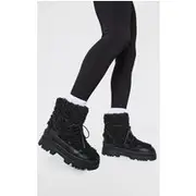 Black Borg Round Toe Chunky Sole Ankle Boots, Black