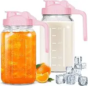 UYEIKMLOP Mason Jar Pitcher, 32 OZ Breast Milk Pitcher Double Leak Proof with Pour Spout Handle, Wide Mouth Iced Tea Pitcher for Fridge, Creamer Container for Coffee, Sun Tea juice (Pink,2 Pack)