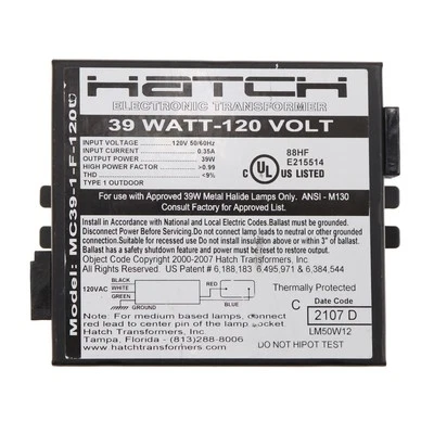 HATCH LIGHTING MC39-1-F-120U ELECTRONIC MH METAL HALIDE BALLAST, 39W M130, 120V