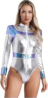 [Raenseen] Women's Space Man Alien Costume Metallic Astronauts Leotard Unitard Zipper Spacesuits Sexy Bodysuits