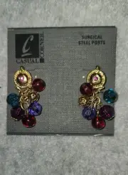 fashion earrings vintage dangle Gold Tone Multicolored Beads