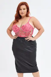 Black Pencil Skirt Knee Length Elastic Waist Wet Look