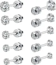 [Gillna] 5 PACK Titanium Studs Earrings Screw Back for Women Men Stainless Steel Hypoallergenic Tiny Cubic Zirconia Tragus 20G Piercing for Sensitive Ears Simulated Diamond Cartilage Titanium Earrings