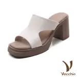 【VECCHIO】真皮拖鞋 高跟拖鞋/真皮頭層牛皮典雅純色車線高跟拖鞋(白)