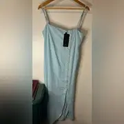 VIX Paula Hermanny NWT Linen Blend Spaghetti Strap Sky Blue Button Up Dress Sz M