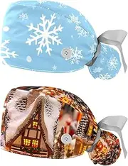 [YTYVAGT] 2-Pc,Nurse Scrub Caps,Scrub Hats with Buttons and Cotton Sweatband,Winter Floral Snowflake