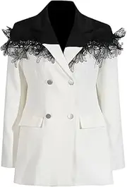 [Zadaos] Women's Double-Breasted Suit Jackets Lace Patchwork Slim Black White Office Suit Jackets