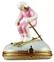 Rochard Limoges Woman Skier on Mountain Porcelain Trinket Box