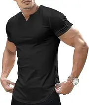 [TrndTrsure] Men's Running Work Short Sleeve Fit Male Exercise Stretch Tee Top Muscle Slim V-Neck Longline Henley Shirt, Black, 3X-Large