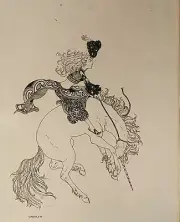 ALICIA AUSTIN DRAWING OF GIRL ON UNICORN, ORIGINAL PEN & INK, SIGNED ~7x9" NM-M