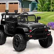 Mazam Kids Ride On Car 12V Toy Ride on Jeep with Seat Belt, Remote Control, Built in Songs, Horn, TF Card Insert and MP3 Connect 28kg Cpacity Suitable for 3-6 Years Black