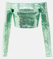 [David Koma] David Koma Sequined off-shoulder crop top AU 12 green