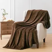 [Vessia] Flannel Fleece Throw Blanket(50X70 Inch), 300GSM Cozy Brown Stripe Throw Blanket for Couch, Sofa and Bed, Warm and Soft Chocolate Microfiber Ribbed Blanket for All Season