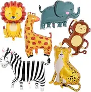 6 Pcs Jungle Safari Animals Foil Balloons,Giant Zoo Animal Balloons Zebra Elephant Monkey Lion Giraffe Leopard Shaped Animal Balloons for Wildlife Theme Birthday Party Decorations