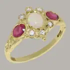 10k Yellow Gold Natural Opal Ruby Diamond Womens Trilogy Ring - Sizes 4 to 12