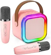 XIULIUU Mini Karaoke Machine for Kids, New Upgrade Portable Bluetooth Speaker with 2 Wireless Microphones, Gifts Toys for Girls Boys 3-13 +Year Old Birthday Family Home Party Gift (Pink)