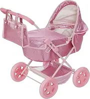 Olivia's Little World Baby Doll Bassinet Pram with Cover with Retractable Canopy & Storage, Hot Pink Glitter