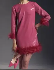 Anthropologie Vineet Bahl Feather Trimmed Sequin Dress Sz XS Pink NWT $360